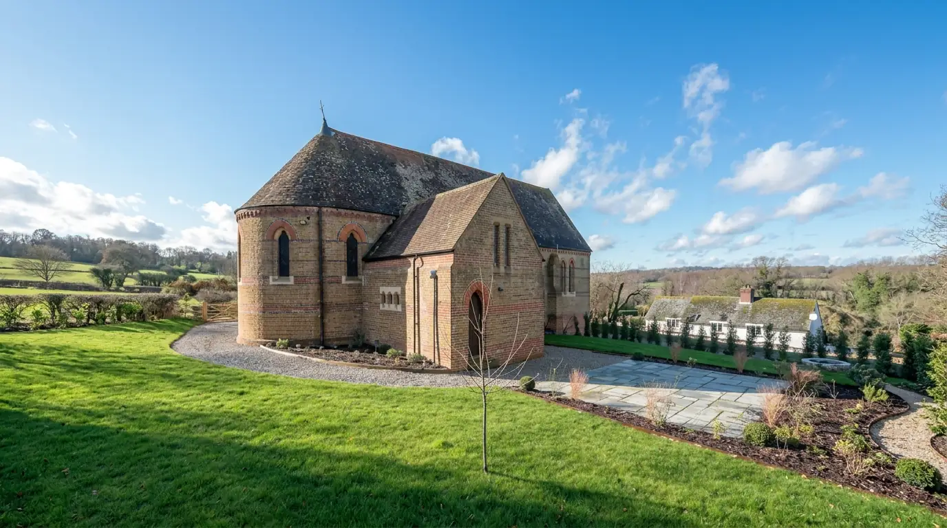 Restored Victorian brick chapel with an apsidal end, arched windows and a new lawn and terrace